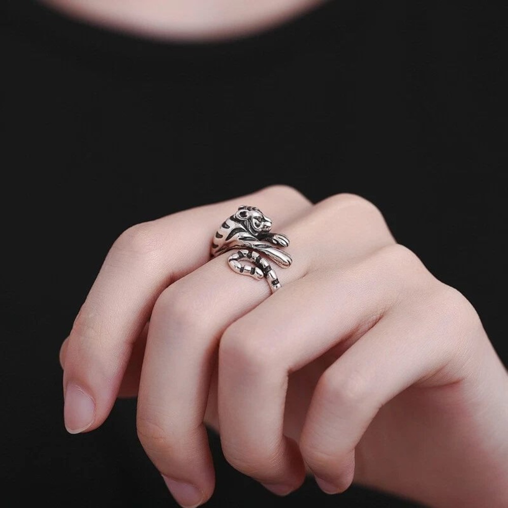 Tiger Ring 925 Sterling Silver for Men Women Retro Punk Biker Ring Adjustable J - Picture 10 of 10
